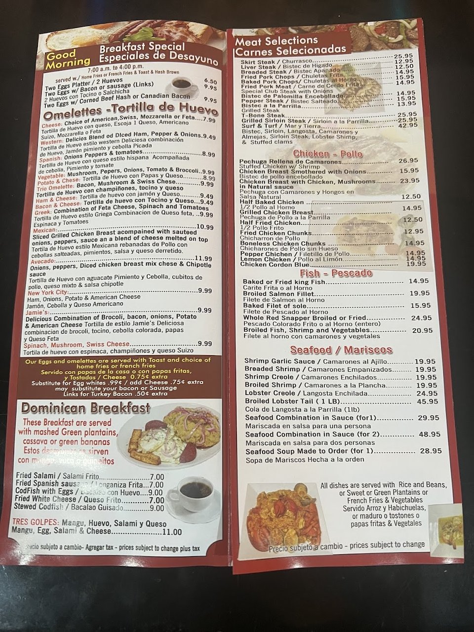 Printed menu with simple sections and drink choices.